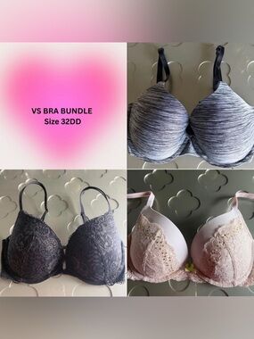 Victoria's Secret Bra Bundle - Black, Gray, and Cream Lace Bras Size 32DD